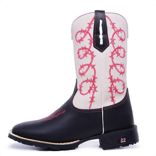 Bota Feminina RR Botas Texana Country Couro Cano Alto Bordado Arame Bico Quadrado Confortável Preta Rosa