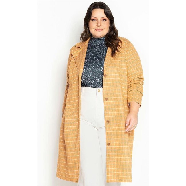 Sobretudo Com Botões Plus Size Xadrez Caramelo Marguerite