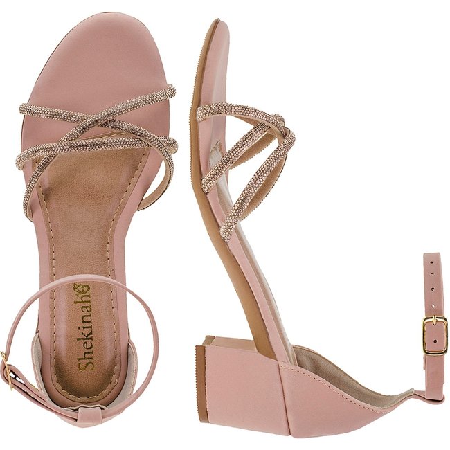 Salto Feminino Sandália Saltinho Shekinah Tiras Strass Exclusivo Novidade Moda Nude