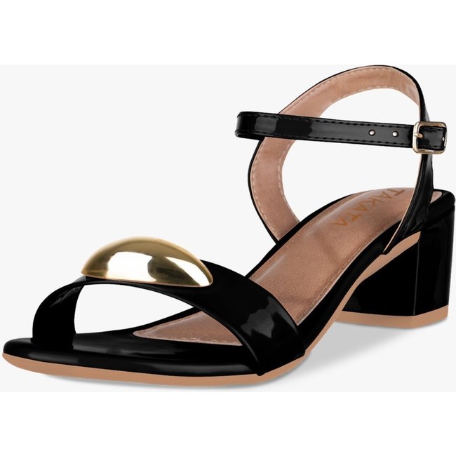 Sandália Feminina Salto Bloco Baixo Enfeite Metal Dourado Preto