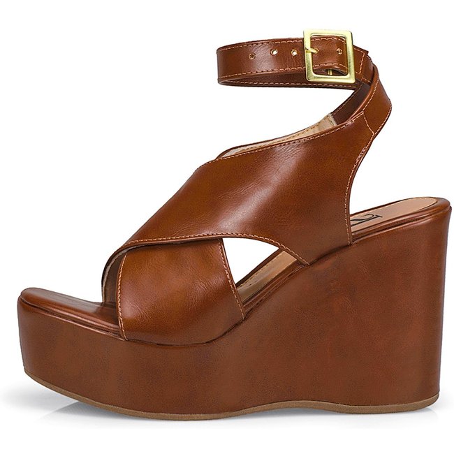 Sandália Feminina Lóris Salto Anabela Plataforma Fivela Elegante Confortável Caramelo 20802