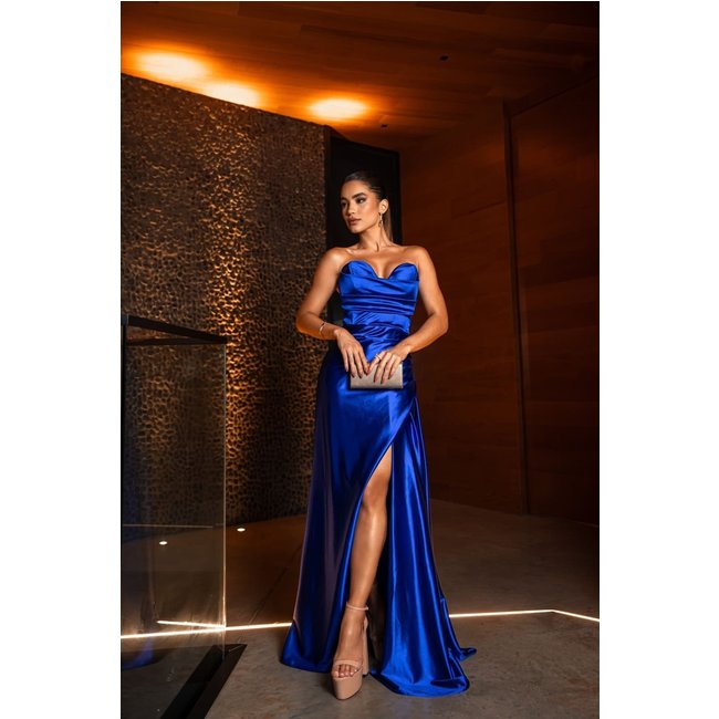 Vestido Longo de Festa Madrinhas Tomara que Caia Corselete com Fenda Arlye Azul Royal