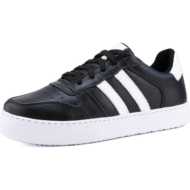 Tênis Casual Mr. Gutt Couro Preto com Listras Brancas