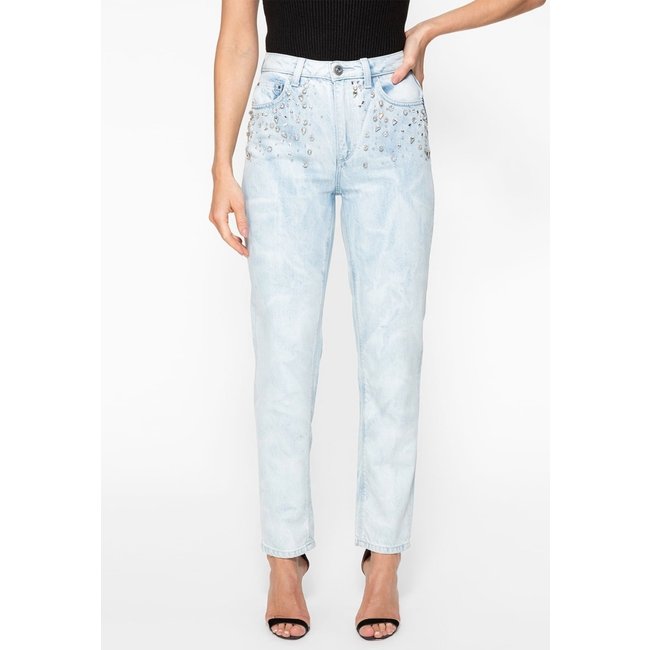 Calça Mom Jeans Eco Aplique Strass Azul Claro