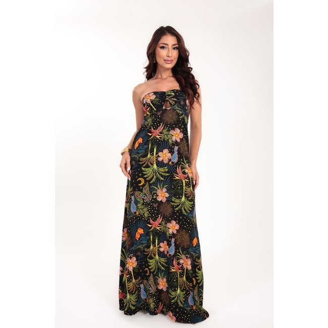 Vestido longo Ícone Fashion Aura Tomara que Caia estampa Mistic Garden