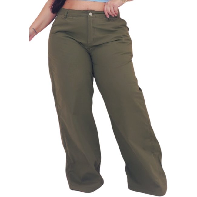 Calça Feminina Jena Light Wide Leg Plus Size Verde Sarja