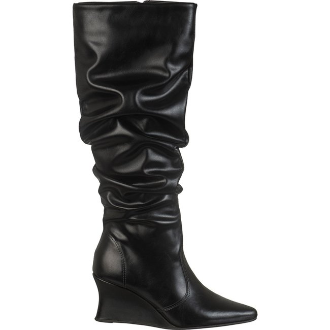 Bota Feminina GiGiL Cano Longo Slouch Franzido Salto Alto Cunha Anabela Bico Fino Preto