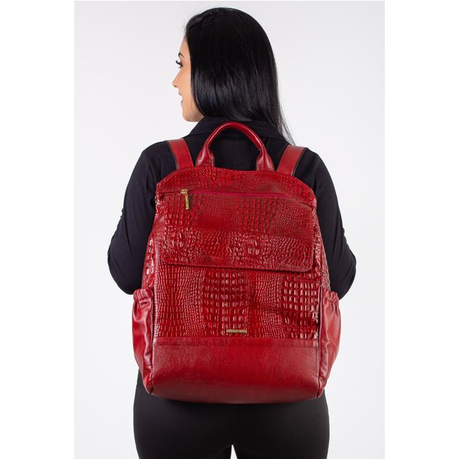 Mochila antifurto grande de couro croco Suzana - Vermelho