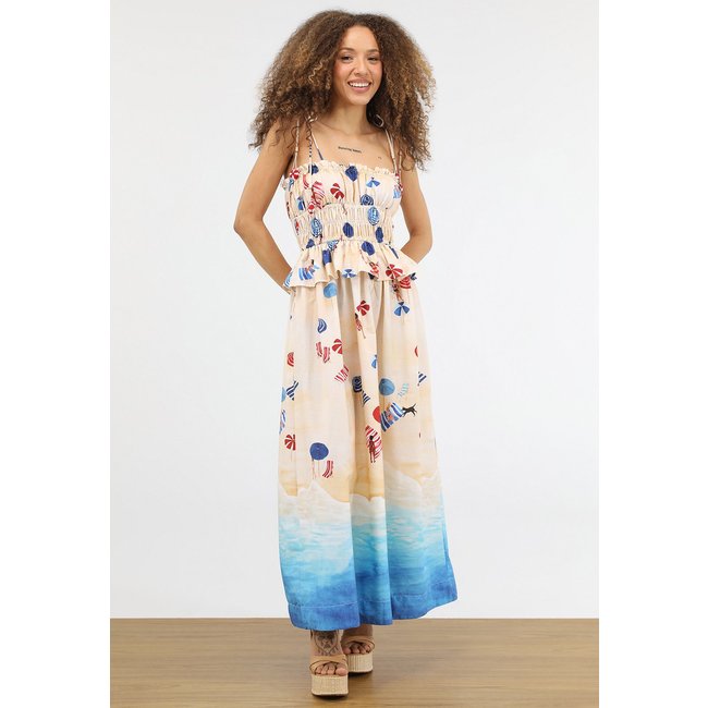 Vestido Feminino FARM Longo Estampa Praia Bege