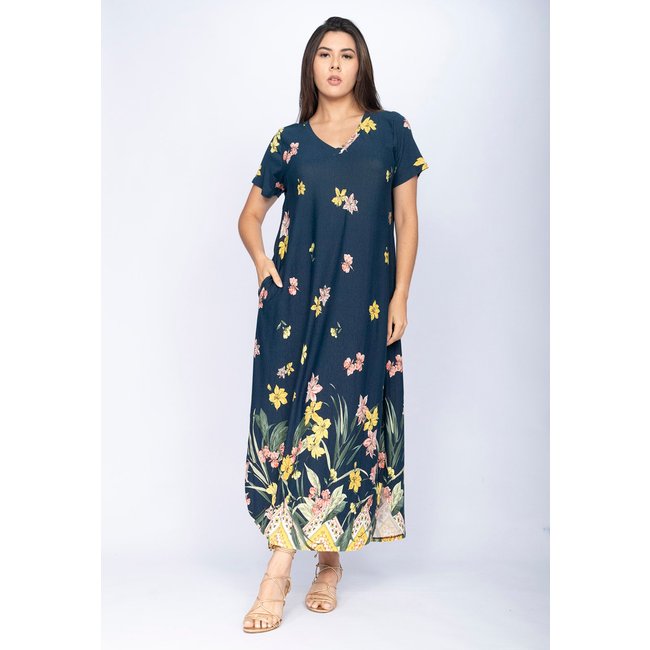 Vestido CabanaFree Midi Abapã Malha com Bolso Estampa Floresce Azul