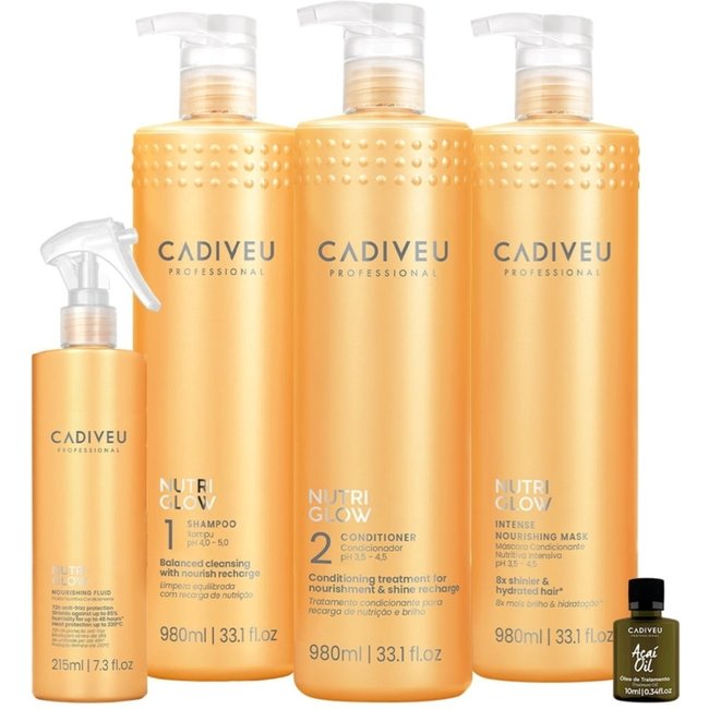 Kit Cadiveu Professional Nutri Glow Shampoo Condicionador Máscara G Fluído e Açaí Oil (5 produtos)