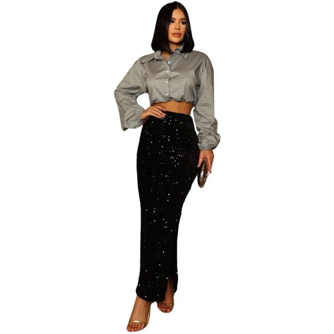 Camisa Cropped Tricoline Manga Longa Com Botões Oyare Cinza