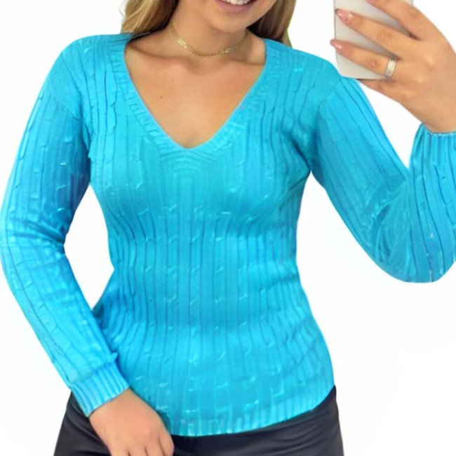 Blusa Industrie Suéter Feminino de Tricô Turquesa Manga Longa