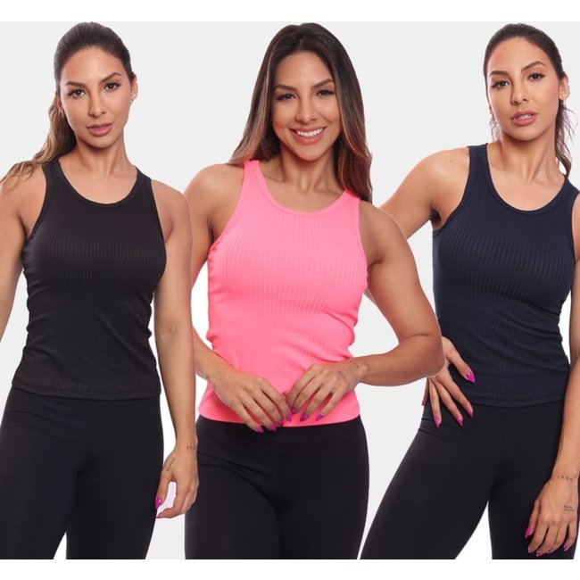 Kit 3 Regatas Nadador Canelada Feminina Lisa Blusa Blusinha Básica Treino Academia Colorido