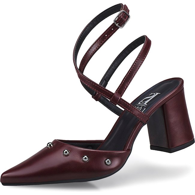 Sapato Social Feminino Scarpin Bico Fino Salto Bloco Confortável Cravo Fivela 3045 Marsala