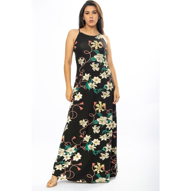 Vestido Longo Cabanafree Malha Trapézio Flores Ébano