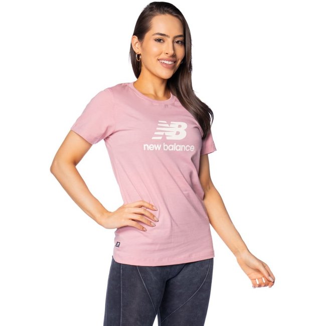 Camiseta Feminina New Balance Essentials Estampa Rosa/Branc