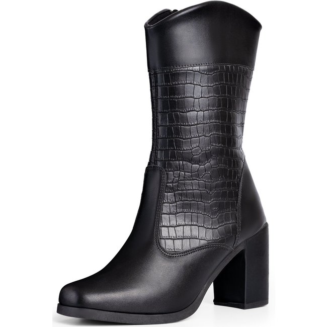 Bota Cano Médio Feminina Lumiss Salto Bloco Alto Grosso Confortável Blogueira Croco Preto