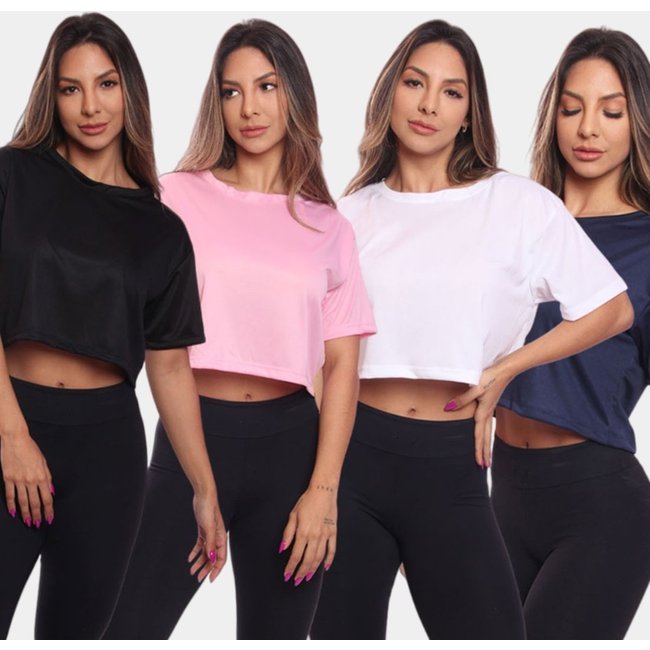 Kit 4 Cropped Manga Curta Feminino Dry Proteção UV Blusa Blusinha Academia Treino Colorido