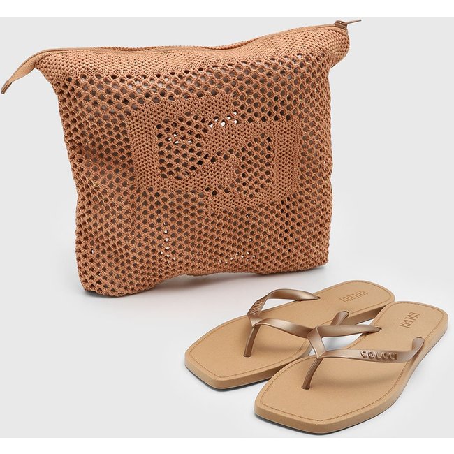 Kit Chinelo Dedo Feminino Colcci Tiras Metalizadas com Nécessaire Bege