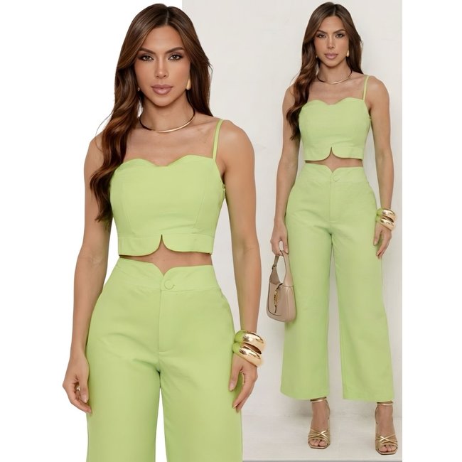 Conjunto Feminino Alfaiataria Divina Gata Cropped e Calça Pantalona - Verde Lima