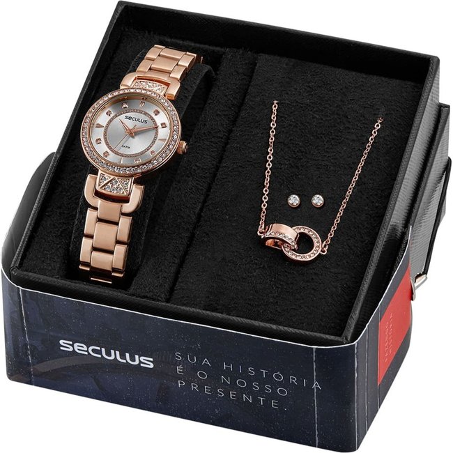 Kit Relógio Seculus Feminino Cristais com Colar e Brincos Seculus