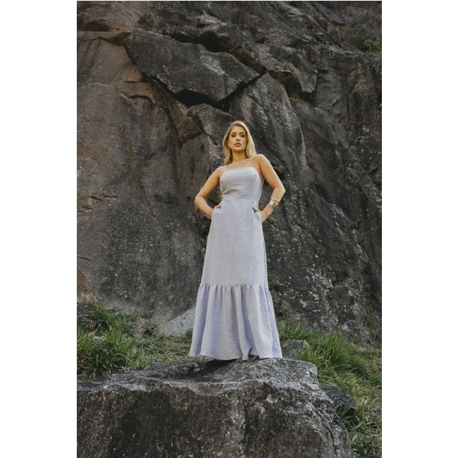 Vestido Longo Com Forro e Bolsos Feminino Lemier Collection Azul