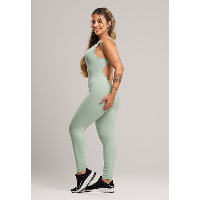 Macacão Costas Abertas MVB Modas Feminino Suplex Academia Fitness Poliamida Pistache