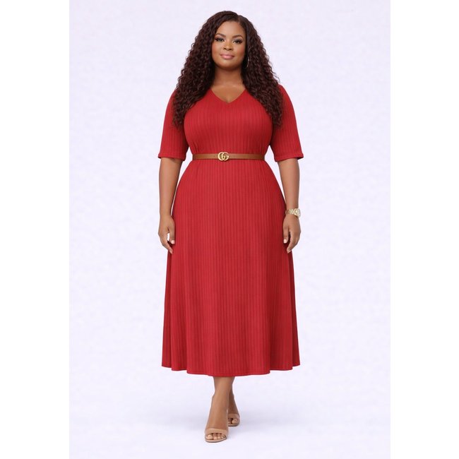 Vestido Midi Plus Size D Bell Outlet Fashion Gola V Com Cinto Vermelho