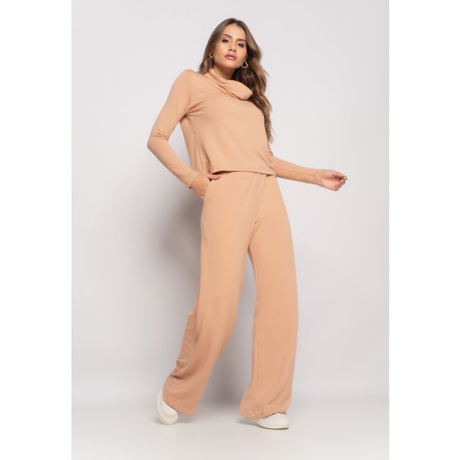 Conjunto Blusa Golão e Wide Leg Moletinho Salvatore Bege