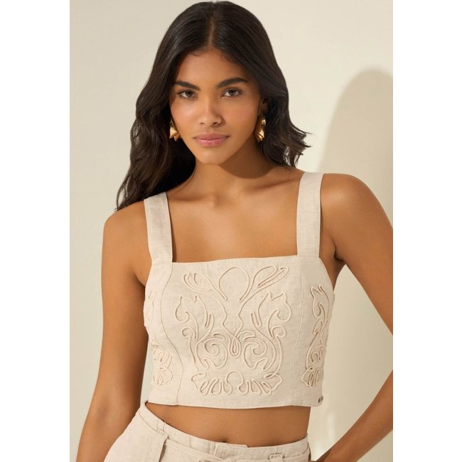 Top Cropped Bordado De Alças Em Sarja Com Linho