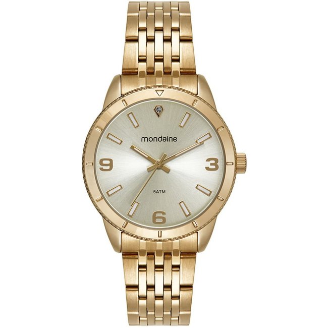 Relógio Feminino Dourado Caixa Serrilhada Estojo Mini Bolsa Mondaine