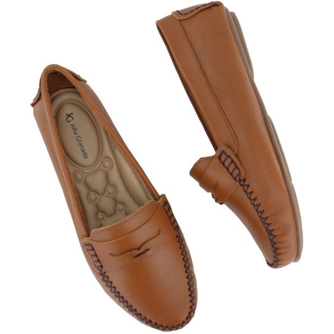 Sapato Mocassim Feminino Driver em Couro Elegante Conforto 450 Whisky Marrom