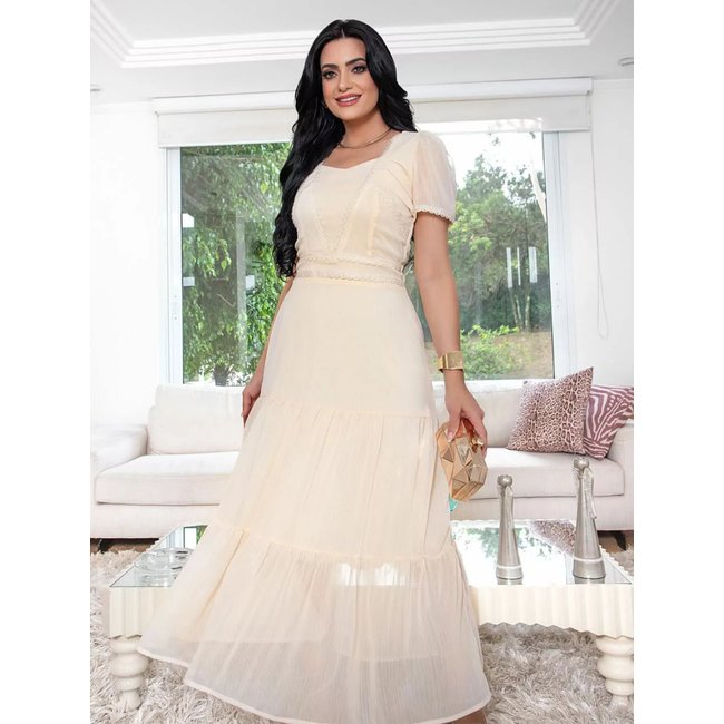 Vestido Longo de Festa Elegante Sofisticado Manga Curta Verão Soltinho Casamento Madrinha Off