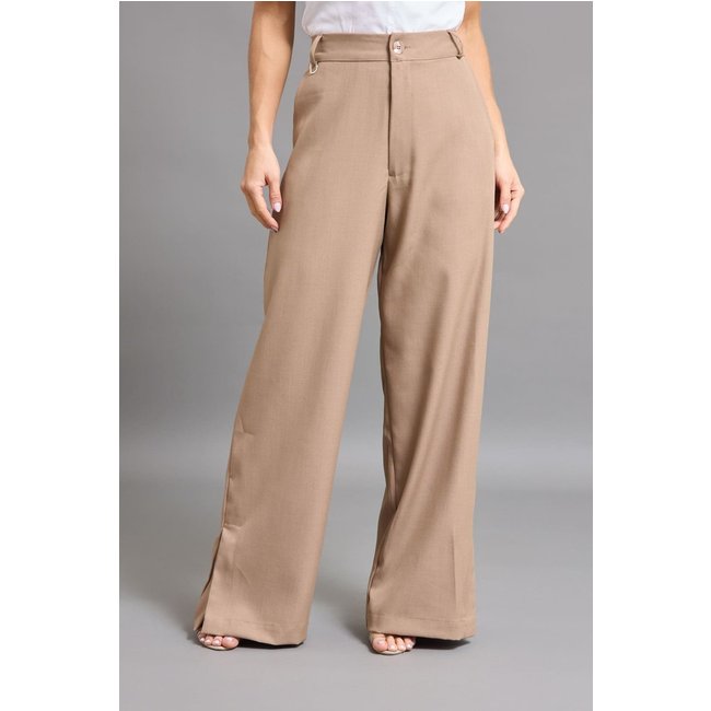 Calça Alfaiataria Feminina Pantalona Dialogo Jeans Caqui