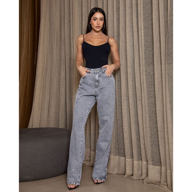 Calça Jeans Reta Feminina Cintura Alta 24825 Cinza Consciência