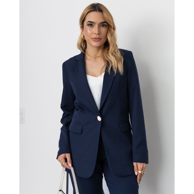 Blazer MOS Feminino Alongado de Alfaiataria Social com Botões de Madrepérola Azul Marinho – Mariana Olympio