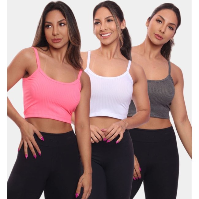 Kit 3 Top Cropped Alcinha Canelado Feminino Lisa Blusa Blusinha Básica Colorido
