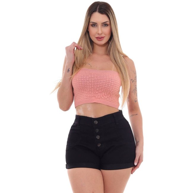 Shorts Feminino de Sarja Preto com Quatro Botões – Elegância e Conforto