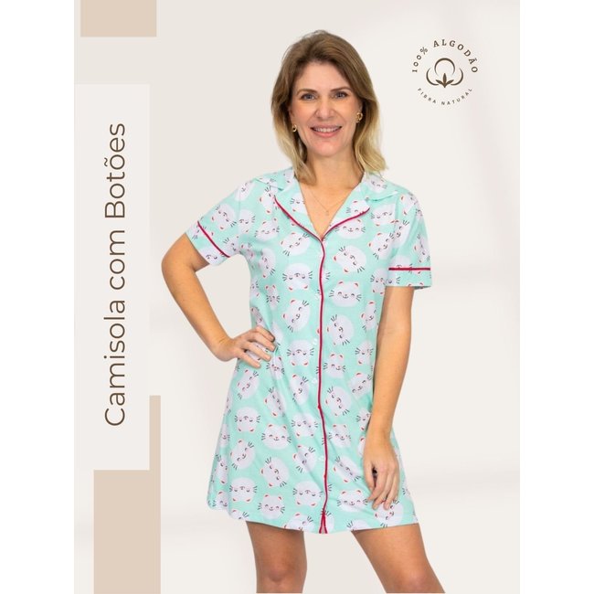 Camisola Piante Algodão Feminina Americana Manga Curta Gatinhos Verde