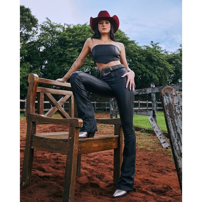 Calça Material Sintético Feminina Flare Pala Reta 22986 Preto Consciência