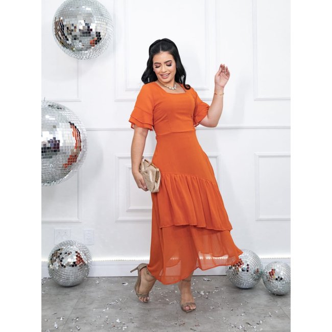 Vestido de Festa Casamento Social Midi com Babado e Elástico Verão Terracota