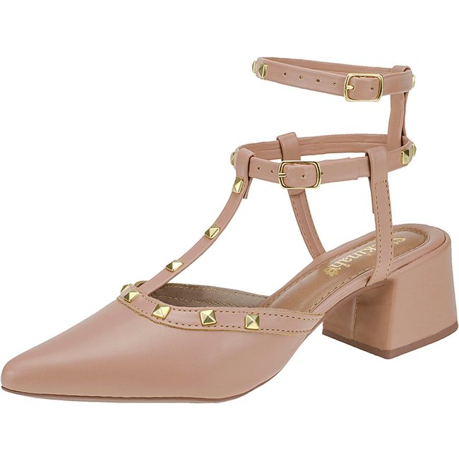 Scarpin Feminino Salto Bloco Shekinah Tirinhas Spikes Cravinho Tachas Moda Macio Nude