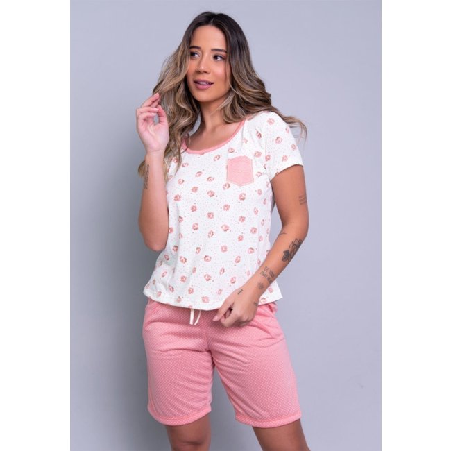 Pijama Bella Fiore Modas Estampado com Bolso Hadassa Coral
