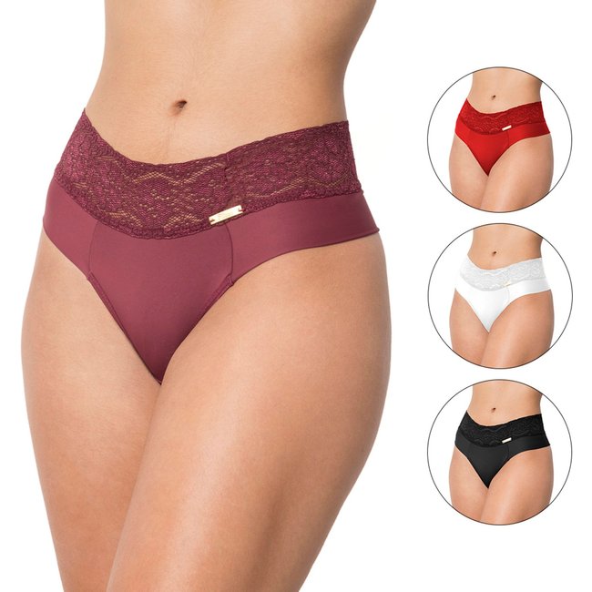 Kit 3 Calcinhas Gabi Lingerie Poliamida Microfibra Moda Íntima Feminina Fio Duplo Toda Rendada Cós Alto Modelagem Perfeita Confortável