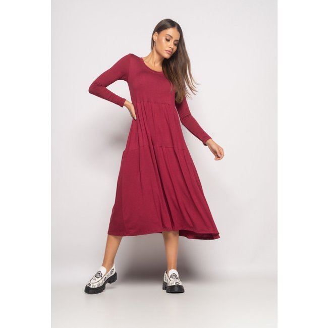 Vestido Midi Manga Longa Com Babado Malha Salvatore Vinho