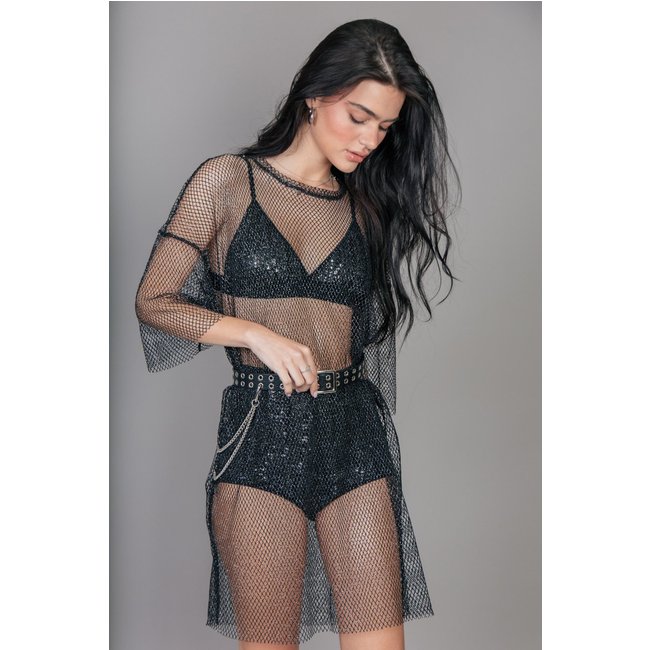 Vestido Camisetão Dress Tela Preta Com Brilho marinaegabriella