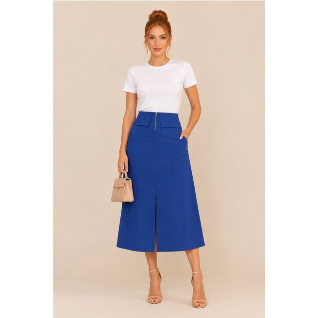 Saia Midi Feminina Lapetry Alfaiataria com Zíper Frontal e Bolsos Azul Bic