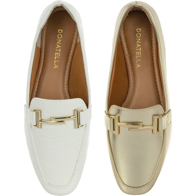 Kit 2 Pares Sapato Feminino Mocassim Donatella Shoes Bico Quadrado Confort Branco Croco e Ouro Light