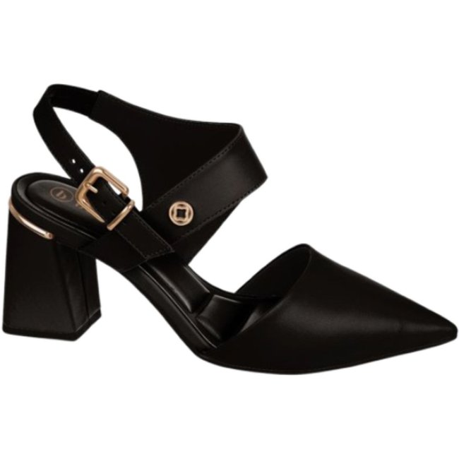 Sapato Feminino Slingback Fivela Preto Salto Bloco Grosso cê